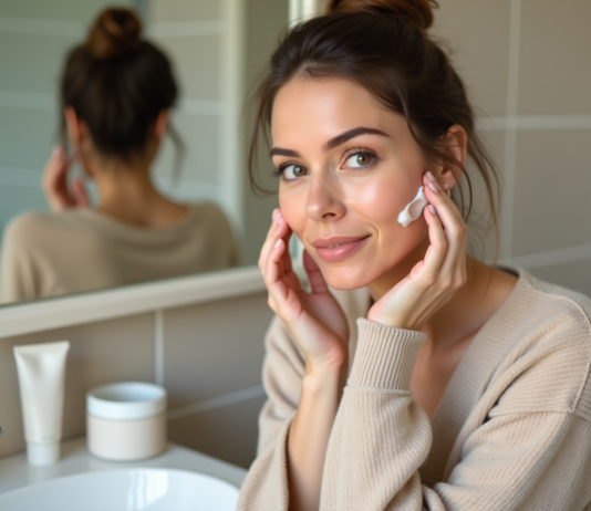 Routine visage : choisir la meilleure marque pour votre peau ! Femme appliquant crème visage dans sa salle de bain