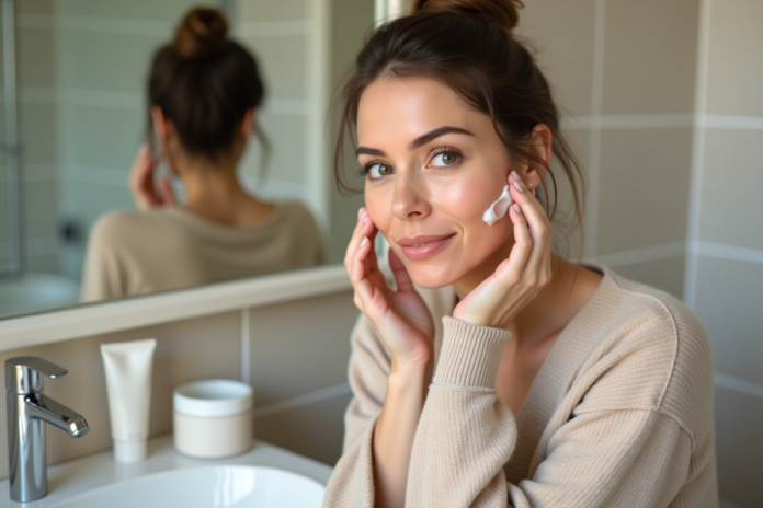 soins-visage-femme-beige Femme appliquant crème visage dans sa salle de bain