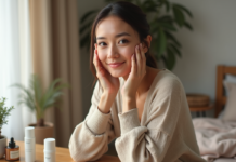 Quelles vitamines pour la peau et comment les intégrer dans votre routine beauté ? Femme appliquant un serum visage dans une chambre cosy