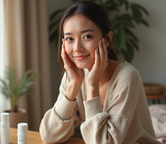 Quelles vitamines pour la peau et comment les intégrer dans votre routine beauté ? Femme appliquant un serum visage dans une chambre cosy