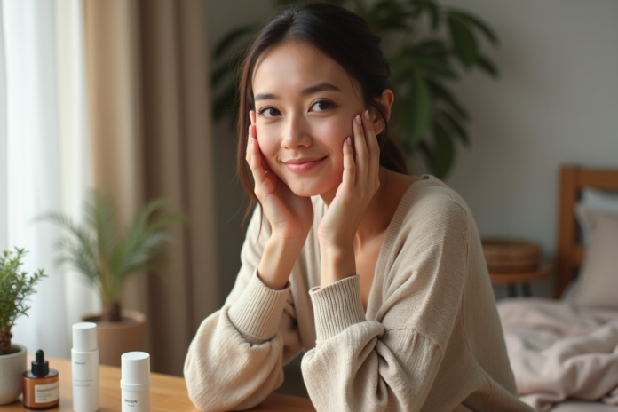 soins-visage-serum-beige Femme appliquant un serum visage dans une chambre cosy