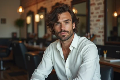 Homme aux cheveux mi-longs wavy avec un taper naturel, assis dans un salon de coiffure, sans gel ni produit brillant