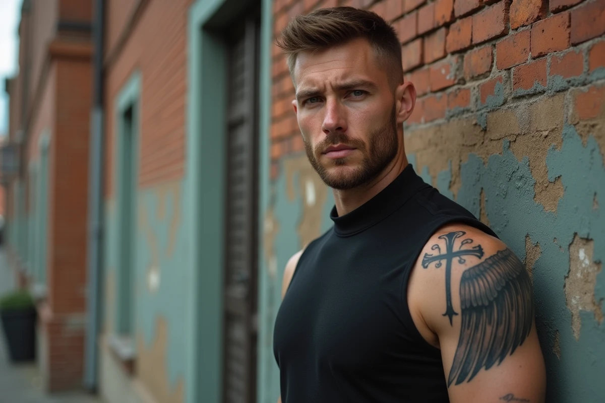 Homme avec un tatouage ailes d'anges et croix gothique sur le bras, photographié devant un mur de briques urbain