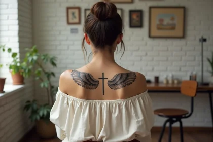 Femme avec un tatouage ailes d'anges et croix dans le dos, photographiée dans un studio de tatouage minimaliste