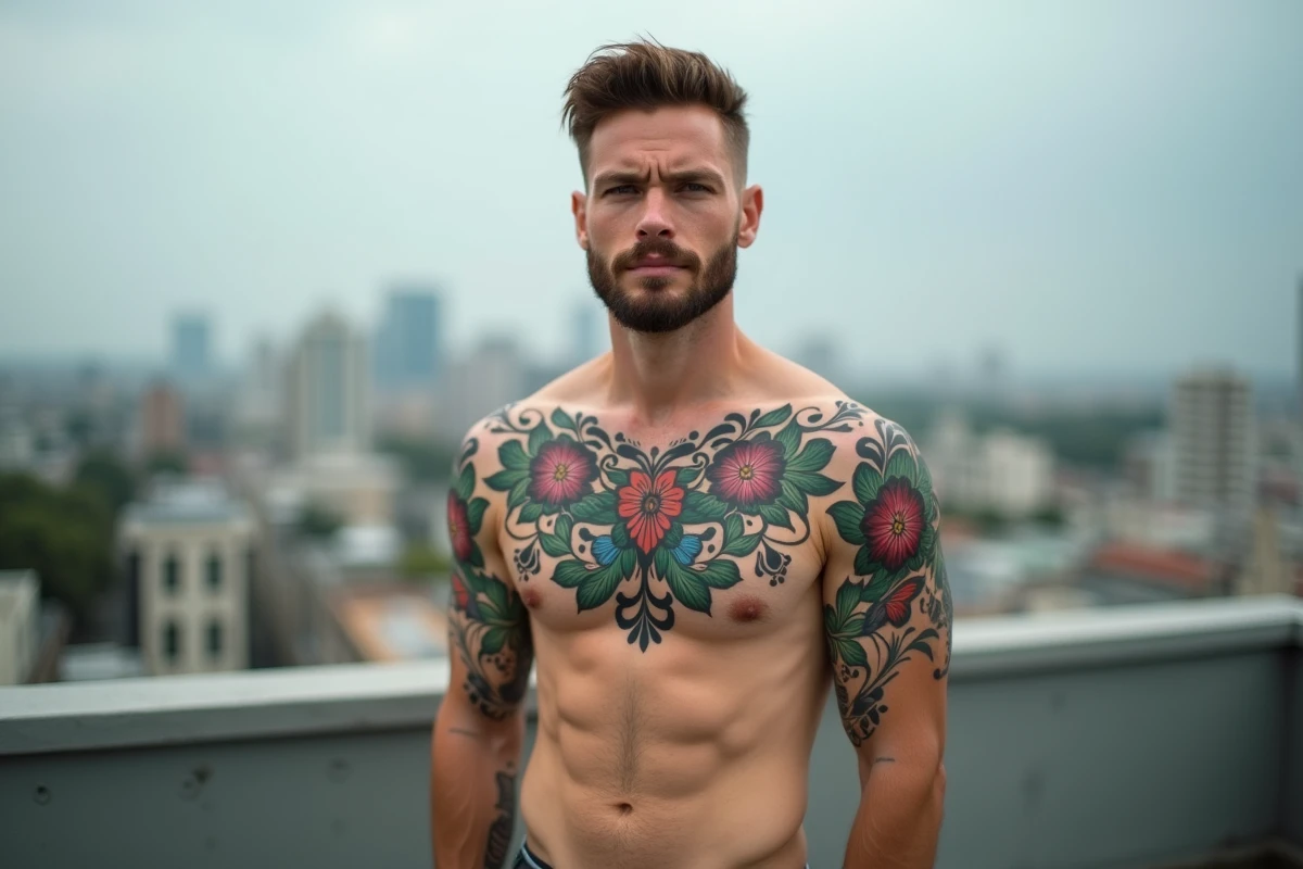 Tatouage coloré néo-traditionnel sur les pectoraux d'un homme à peau claire, en extérieur sur un toit urbain