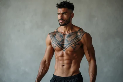 Tatouage géométrique et tribal sur les pectoraux d'un homme à la peau mate, rendu net et bien cicatrisé