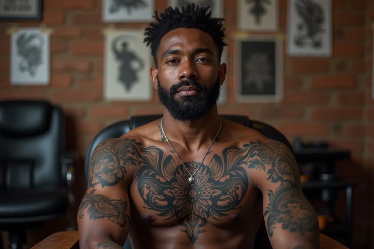 Tatouage mandala et floral noir et gris sur les pectoraux d'un homme à peau foncée dans un studio de tatouage