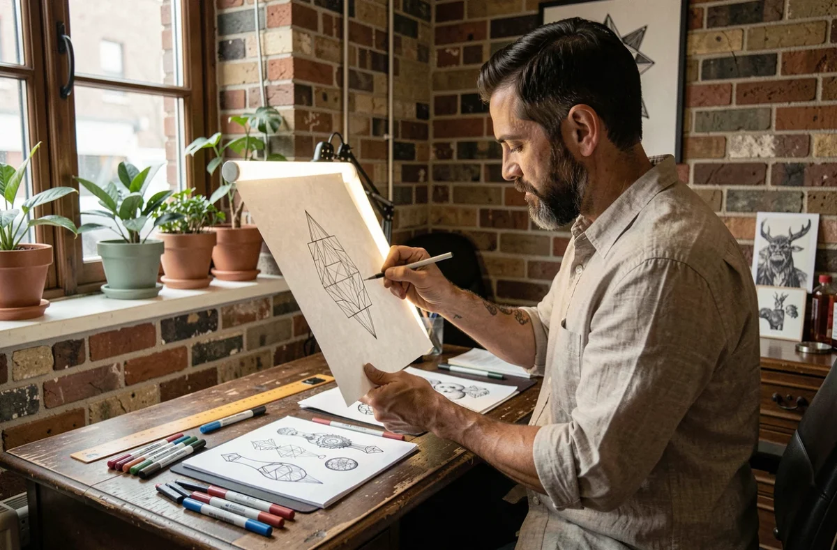 Tatoueur masculin étudiant un dessin de tatouage géométrique minimaliste dans son atelier de tatouage artisanal à Toulouse