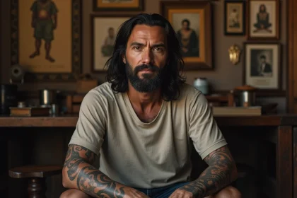 Homme d'âge moyen avec tatouage tribal sur l'avant-bras