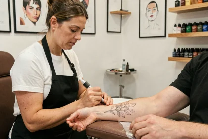 Tatoueuse professionnelle réalisant un tatouage minimaliste fin sur l'avant-bras d'une cliente dans un studio de tatouage moderne à Toulouse