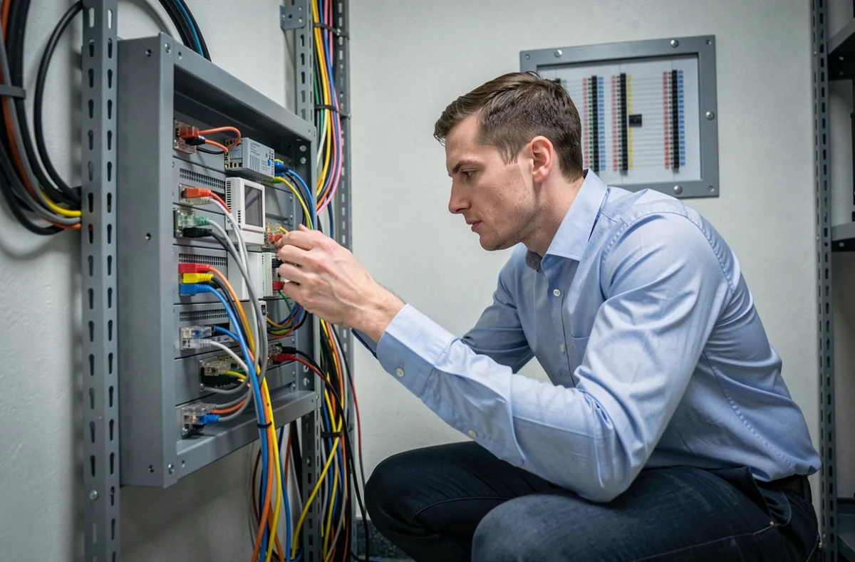 Technicien réseau inspectant les câbles et le routeur pour diagnostiquer une connexion Hairnet défaillante