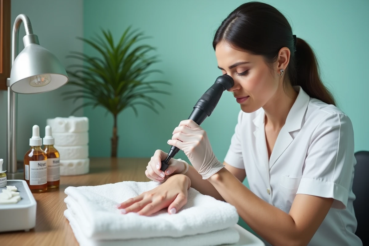 Technicienne en onglerie inspectant l'ongle naturel d'une cliente avec une loupe dans un salon professionnel propre, diagnostic d'infiltration sous ongle
