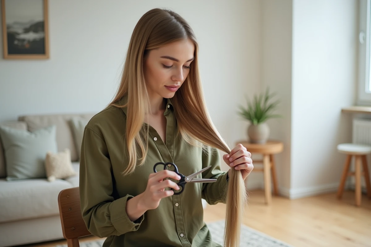 Jeune femme blonde appliquant la méthode de la queue de cheval pour couper ses pointes seule à la maison