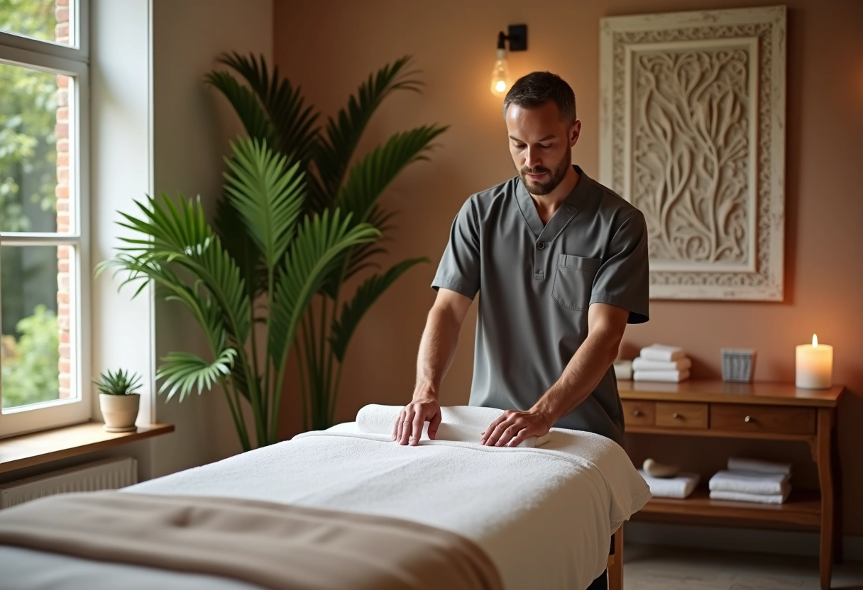 Massothérapeute ajustant les draps dans une salle privée