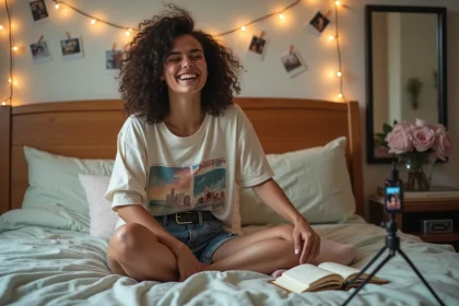 Jeune femme filmant une vidéo TikTok dans sa chambre avec un style naturel et décontracté