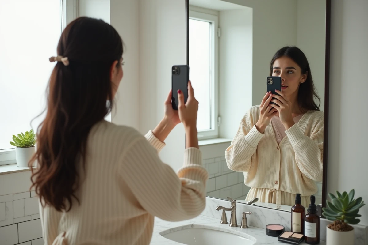 Femme se filmant dans la salle de bain pour un tutoriel beauté TikTok avec des produits de soin