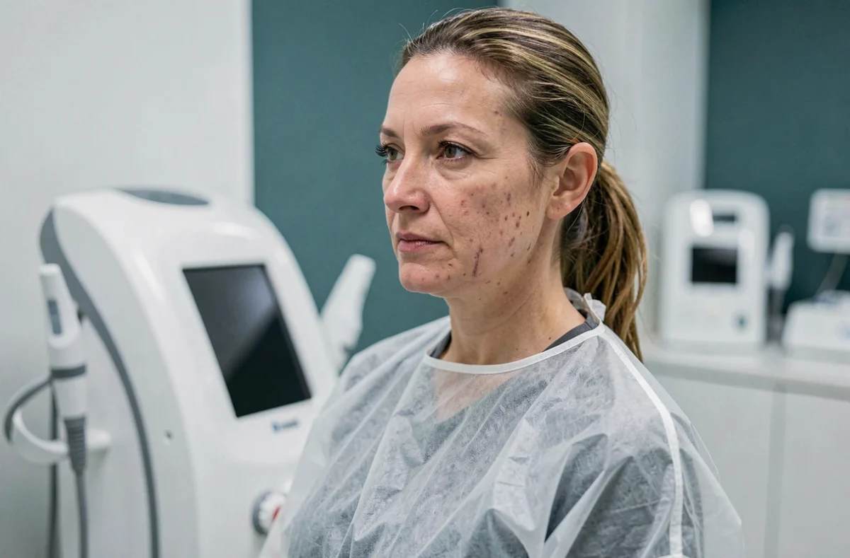 Femme avec cicatrices d'acné lors d'une séance de traitement laser dans un centre esthétique médical professionnel