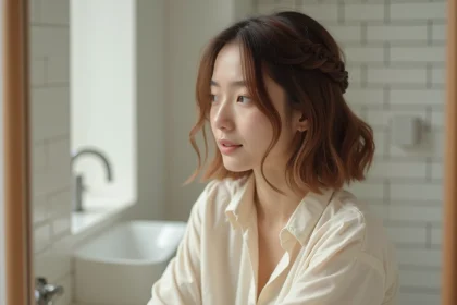 Femme avec carré plongeant et tresse fine le long de la racine, coiffure tendance sur cheveux courts