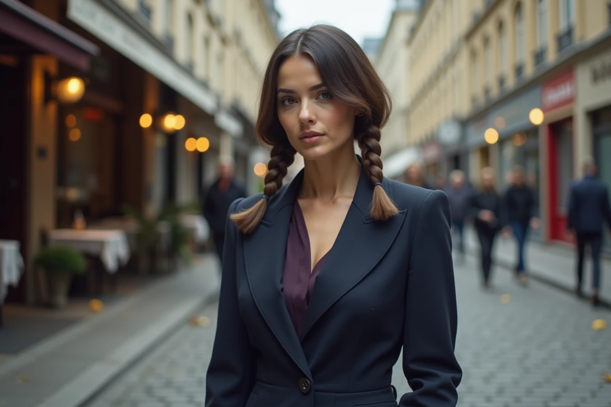 Femme aux cheveux courts en carré inversé avec tresses corde épinglées, look urbain parisien automnal