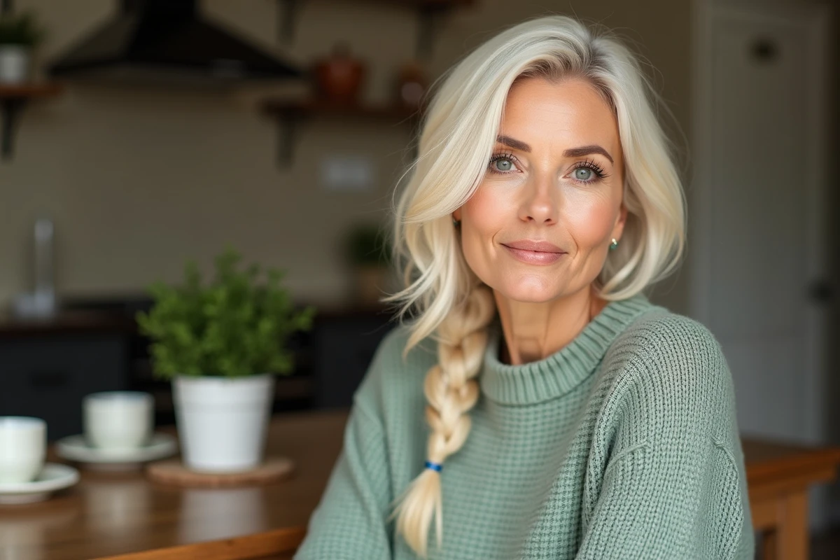 Femme blonde avec carré plongeant et tresse en arête de poisson sur cheveux courts, ambiance intérieure chaleureuse