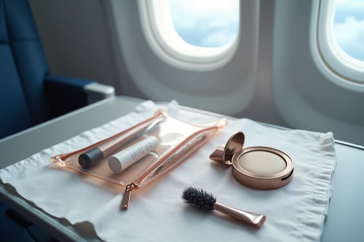 Trousse de maquillage voyage conforme aux règles de sécurité aérienne 2026 posée sur une tablette d'avion