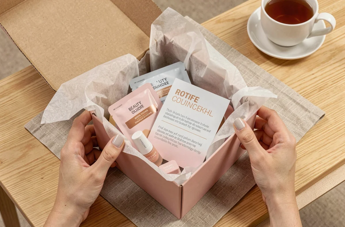 Vue du dessus d'un déballage de box beauté mensuelle avec des soins et cosmétiques découverts dans un emballage rose sur une table en bois clair