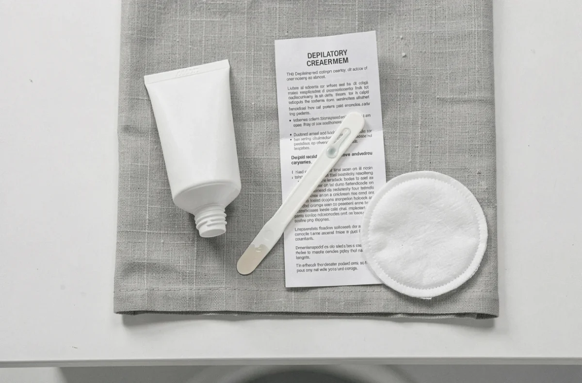 Vue de dessus d'une crème dépilatoire avec spatule et notice sur un tissu gris dans une salle de bain