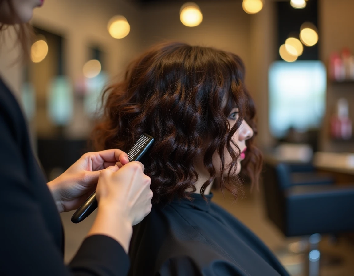 Vue de dos d'une femme aux cheveux bouclés avec un carré dégradé visible chez le coiffeur, mains du styliste au travail