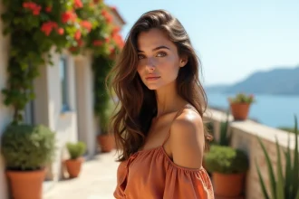 Jeune femme aux yeux hazel et au teint bronzé en robe en lin terracotta sur une terrasse méditerranéenne en été
