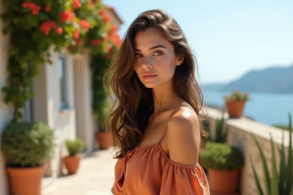 Jeune femme aux yeux hazel et au teint bronzé en robe en lin terracotta sur une terrasse méditerranéenne en été