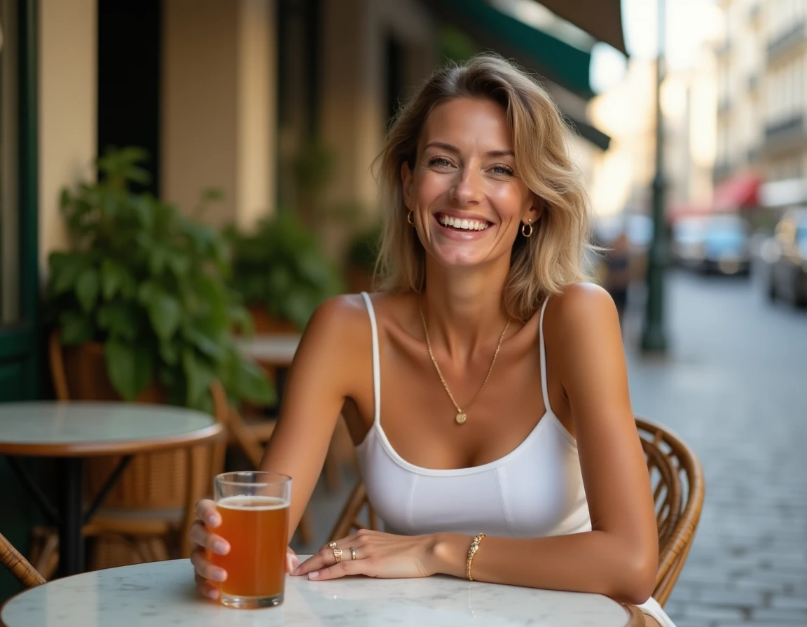 Femme aux yeux hazel bronzée qui rit à une terrasse de café parisien en été portant un haut blanc et des bijoux dorés